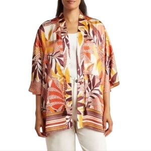 DR2 by Daniel Rainn | Tropical Satin Ruana Wide 3/4 Sleeves Beaded Drawstring M